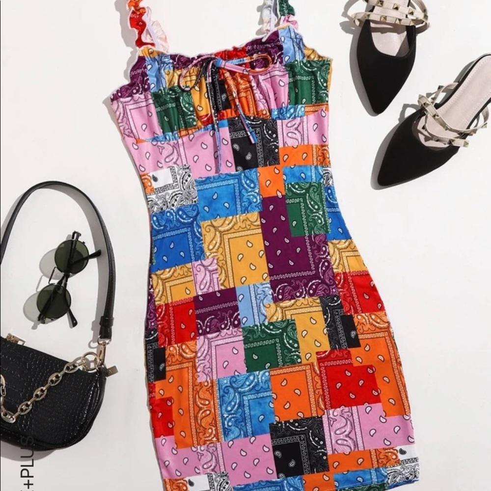 SHEIN plus tie front frilled ruched bust patchwork print dress